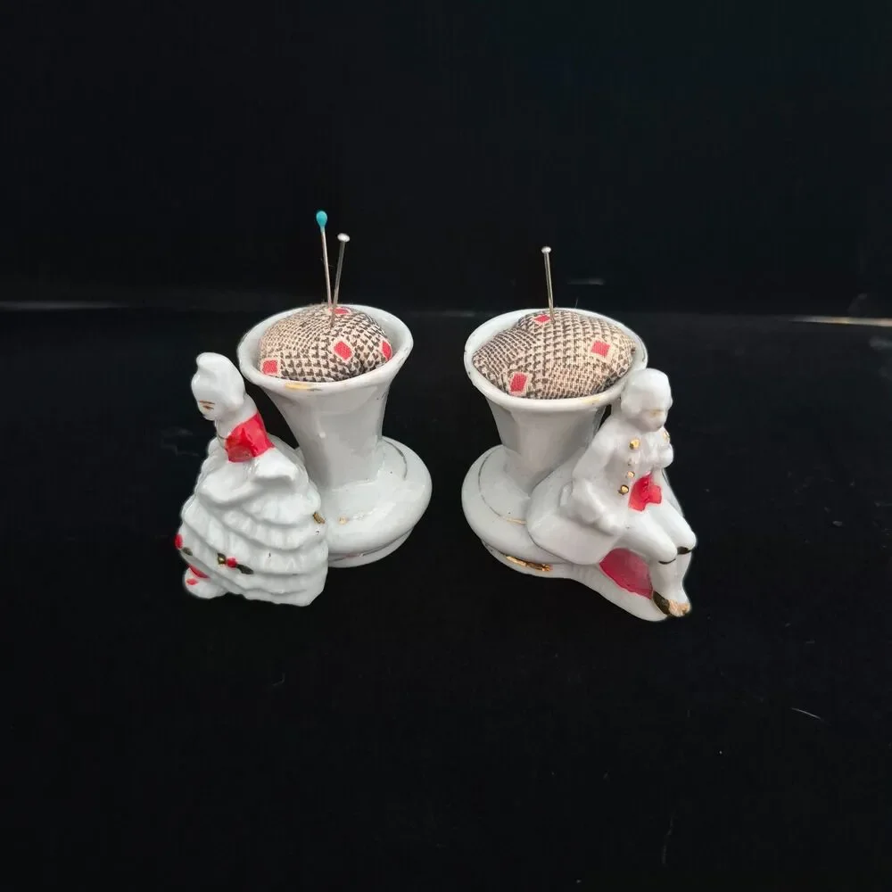 Vtg Set of 2 Porcelain Toothpick Holders Elegant Lady and Man Japan Pin Cushions